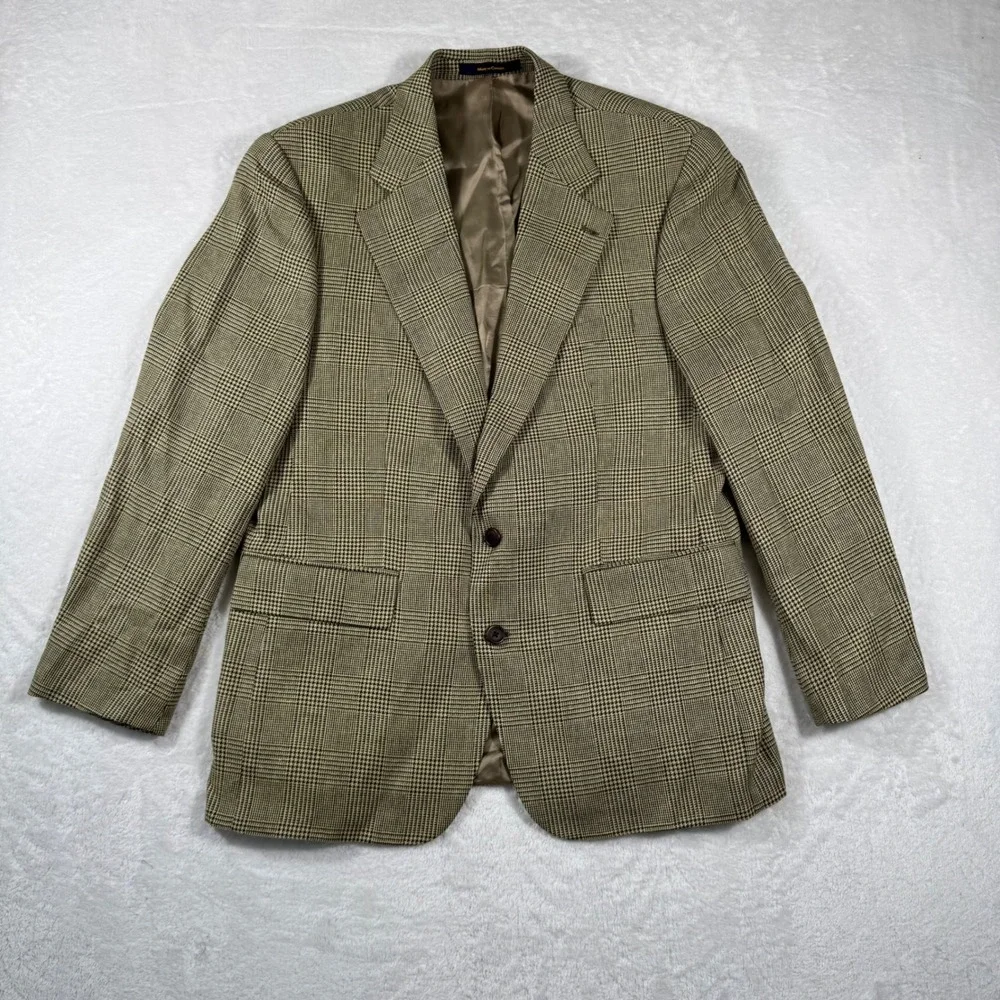 VTG Chaps Ralph Lauren Mens 42R Silk Wool Glen Plaid Blazer Sport Coat Tan Brown